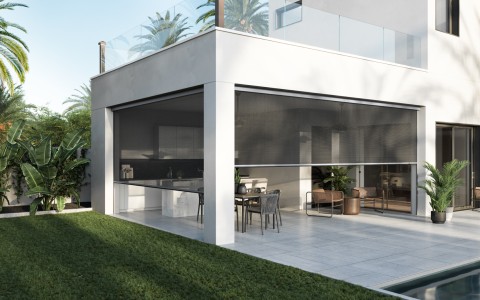 Screen Innovations Zen 2 outdoor shades installed on a patio of a home