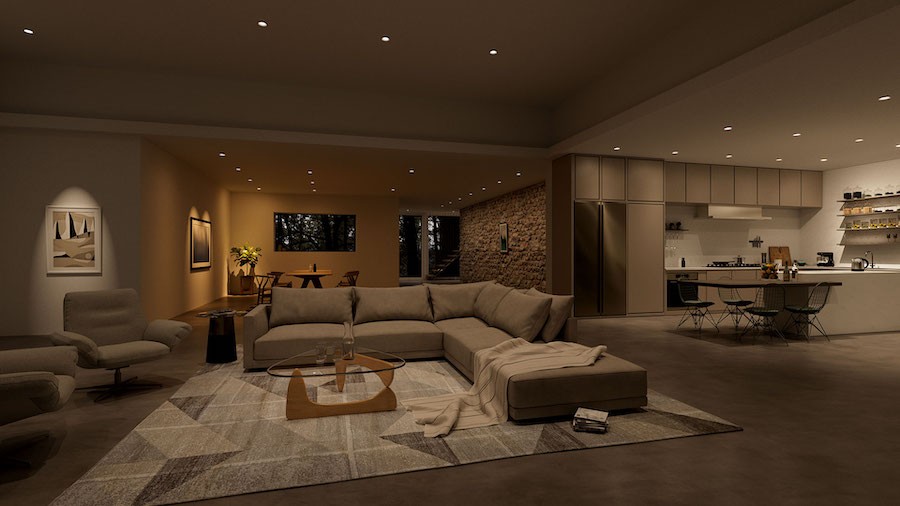 A modern living area accented by warm light from LED lighting fixtures