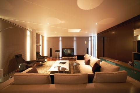 A living space illuminated by Control4 lighting.