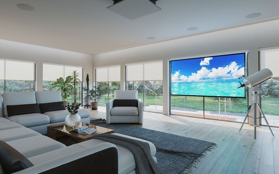 A large media room space with a Screen Innovations Solo 3 screen installed in front of windows.