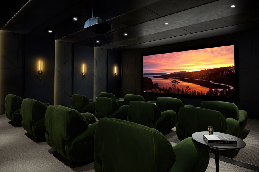 A professional home theater installation and setup featuring a large screen, lighting fixtures, and luxurious seating.
