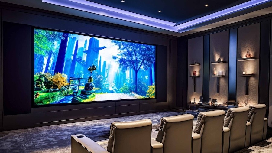 Luxury home theater with tiered leather seating, architectural lighting, and a large MicroLED video wall displaying a vivid scene.